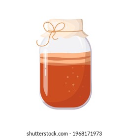 Kombucha in glass jar, covered with cloth, tied with rope. Fermented probiotic homemade tea. Refreshing summer healthy drink. Super food, healthy cocktail. Vector illustration on white background