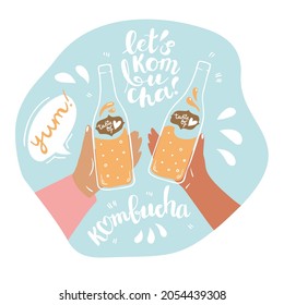 Kombucha hand drawn vector lettering and bottle illustration. Concept of drinking kombucha together. Design for banner, poster, sticker, web, blog, quote poster, card, print,  badge, packaging, menu. 