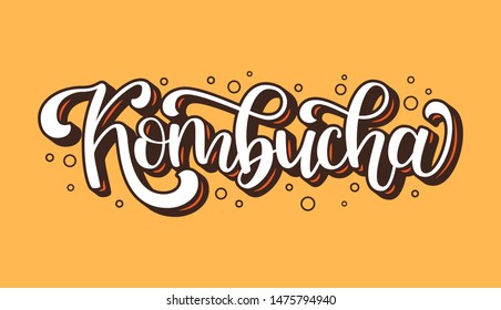 Kombucha hand drawn vector logo. Illustration with brush lettering typography and bubbles isolated on orange background. Kombucha fermented tea logotype concept for bottle, banner, emblem, sticker