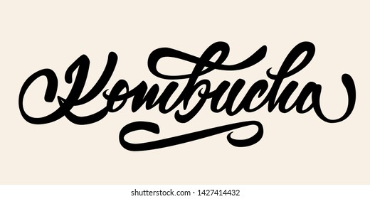 Kombucha - hand lettering logo.  Text design for logo, print, badge, packaging, label aso. Vector illustration.