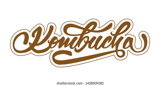 Kombucha - hand lettering.  Text design for logo, print, badge, packaging, label aso. Vector illustration.