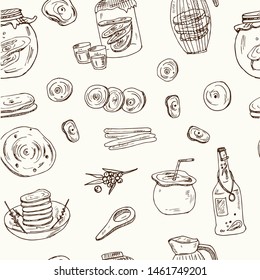 Kombucha homemade tea collection. Vector hand drawn illustration seamless pattern Isolated objects