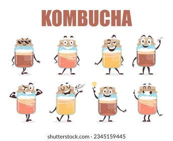 Personajes graciosos de la tarima Kombucha sonríen saludando fuerte idea de canto emoticono conjunto de ilustración vectorial isométrica. Bebida dietética saludable emoticonos diferentes expresión facial linda bebida antioxidante hongo lindo