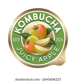 rótulo Kombucha. Sabor a maçã. Rótulo de círculo para bebida refrescante com letras e frutas de maçã dentro.