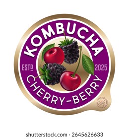 rótulo Kombucha. Sabor de mistura de bagas. Rótulo do círculo para refrescar a bebida com letras e bagas dentro.