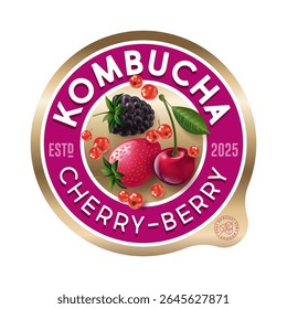 rótulo Kombucha. Sabor de mistura de bagas. Rótulo do círculo para refrescar a bebida com letras e bagas dentro.