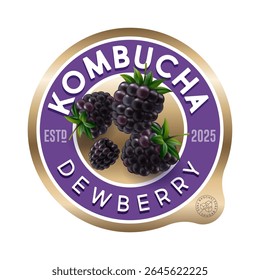 rótulo Kombucha. Sabor de morango. Rótulo do círculo para refrescar a bebida com letras e bagas dentro.