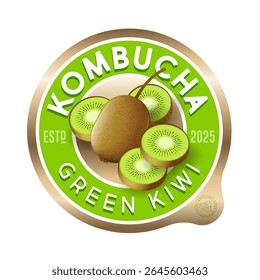 rótulo Kombucha. Sabor de quivi. Rótulo de círculo para bebida refrescante com letras e kiwi dentro.