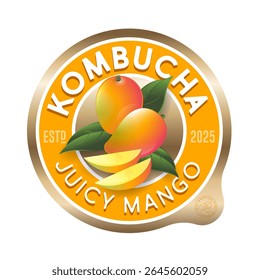 rótulo Kombucha. Sabor a manga. Rótulo do círculo para refrescar a bebida com letras e frutas de manga dentro.