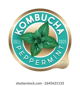 rótulo Kombucha. Sabor a mentol. Rótulo de círculo para bebida refrescante com letras e hortelã-pimenta dentro.