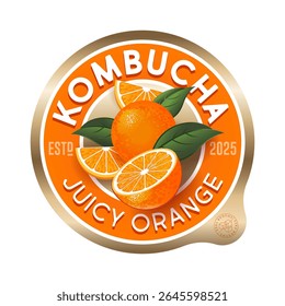 rótulo Kombucha. Sabor a laranja. Rótulo do círculo para refrescar a bebida com letras e frutas laranja dentro.
