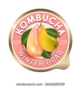 rótulo Kombucha. Sabor a pera. Rótulo do círculo para refrescar a bebida com letras e frutos de peras dentro.