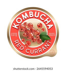 rótulo Kombucha. Sabor de groselha vermelha. Rótulo do círculo para refrescar a bebida com letras e bagas dentro.
