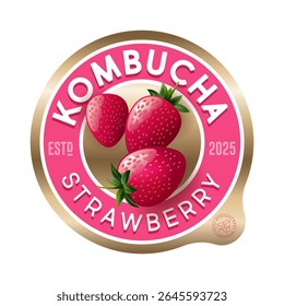 rótulo Kombucha. Sabor a morango. Rótulo do círculo para refrescar a bebida com letras e bagas dentro.