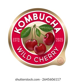 rótulo Kombucha. Sabor de cereja selvagem. Rótulo do círculo para refrescar a bebida com letras e bagas dentro.