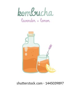 Kombucha with lemon, lavender fermented probiotic homemade tea vector illustration. mushroom, glass jar with kombucha tea. Super food, healthy cocktail. Isolated on white background flat style icon.