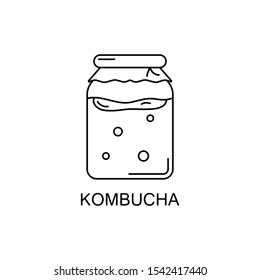 Kombucha line art icon. Vector illustration of glass jar with fermented tea, chinese mushroom and bubbles. Symbol of detox diet and healthy lifestyle. Outline minimalistic design