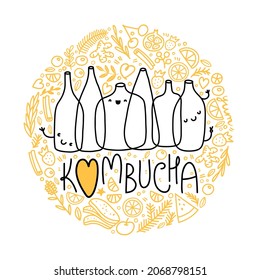 Kombucha line art illustration, outline bottles with various decorative elements - fruits, berries, greens, calligraphy, hand written lettering. Lemon, lime. For identity or menu design, commercial.