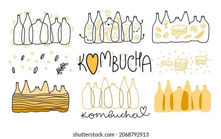 Kit del logo de Kombucha, variaciones editables de la ilustración de botellas de kombucha con varios elementos decorativos - frutas, bayas, verduras, caligrafía, letras escritas a mano. Para diseño de identidad o menú.