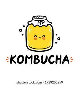 Cita de Kombucha y lindo y feliz logo de tarro. Ilustración del personaje de dibujos animados a mano del vector. Aislado sobre fondo blanco. Impresión de Kombucha para camiseta, afiche, concepto de logotipo de tarjeta