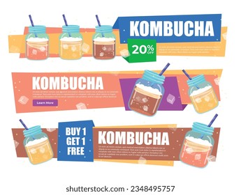 Kombucha sale discount landing page internet promo banner set isometric vector illustration. Vegetarian fresh homemade tea in can with straw ice cubes healthy drink mushroom lemonade menu beverage