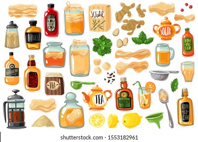 Kombucha set in cartoon style. Accessories, ingredients, additives. Bottles, jars, tea, sugar, ginger, lemon, mint, sieve, kettle, sugar bowl, probiotic food. Vector