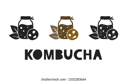 Kombucha, silhouette icons set with lettering. Imitation of stamp, print with scuffs. Jar with tea and mushroom. Simple black shape and color vector illustration. Hand drawn isolated elements