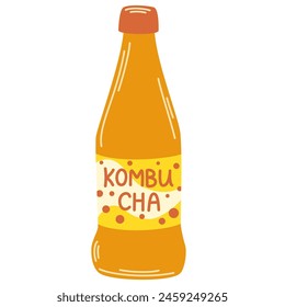 Kombucha tea in bottle. Cold summer beverage, refreshing lemonade. Healthy natural flavored juicy refreshment in glass package. Tea mushroom, tea fungus, or Manchurian mushroom. Vector illustration