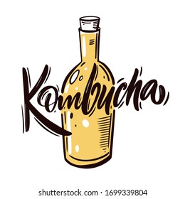 Kombucha tea in bottle. Colorful cartoon vector illustration. Isolated on white background. Design for menu, cafe, poster and t-shirt.