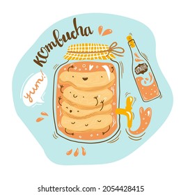 Kombucha Tea Brewery natural saludable etiqueta de bebida ilustración. Bambalinas y letras de dibujos animados. Diseño de vectores dibujado a mano para afiches, impresión, menú de restaurante, embalaje. 