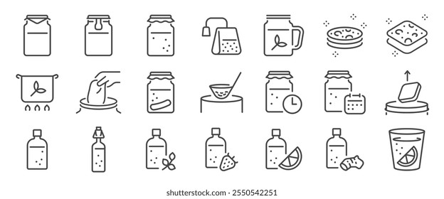 Kombucha tea icon set. It included contexts such as probiotic, yeast, drink, beverage, healthy drink, and more. Editable Vector Stroke.