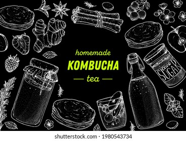 Kombucha tea and ingredients for kombucha sketch. Hand drawn vector illustration. Kombucha drink. Tea mushroom, tea fungus, or Manchurian mushroom.