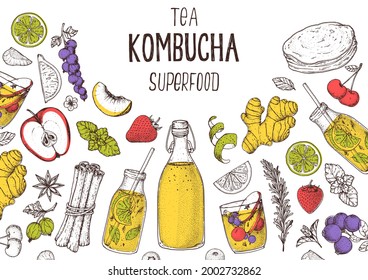 Té kombucha e ingredientes para el sketch de kombucha. Ilustración dibujada a mano. Bebida Kombucha. Té de setas, té hongo o setas manchurianas.