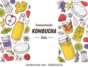 Té kombucha e ingredientes para el sketch de kombucha. Ilustración vectorial dibujada a mano. Bebida Kombucha. Té de setas, té hongo o setas manchurianas.