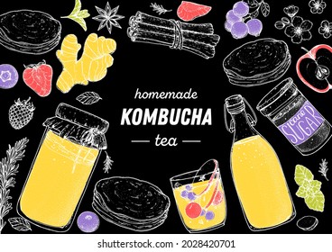 Té kombucha e ingredientes para el sketch de kombucha. Ilustración vectorial dibujada a mano. Bebida Kombucha. Té de setas, té hongo o setas manchurianas.