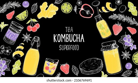 Kombucha tea and ingredients sketch. Hand drawn vector illustration. Kombucha drink. Tea mushroom, tea fungus, or Manchurian mushroom.