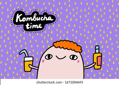 Kombucha time hand drawn vector illustration in cartoon comic style man holding bottle and cup of drink vegan print poster card