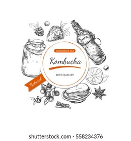 Kombucha. Vector Hand Drawn Label.