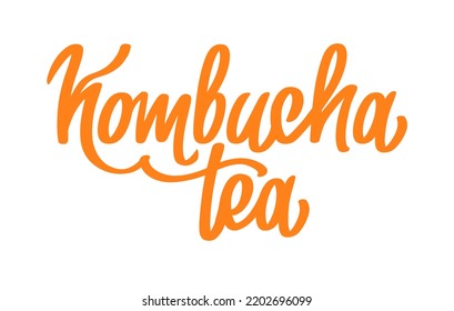 Kombucha Vector Hand Written Lettering, Original Calligraphy. Healthy Fermented Probiotic Tea. Superfood Drink. Template Sign Design For Logo, Label.