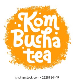 Grabación manuscrita del vector Kombucha, caligrafía original. Té probiótico fermentado saludable. Beber de supercomida. Diseño de signos de plantilla para logotipo, etiqueta.