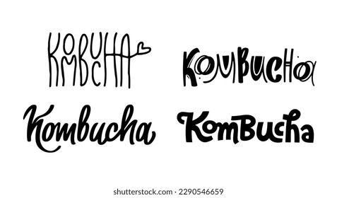 Kombucha vector set, hand written lettering, original calligraphy. Fermented probiotic tea. Superfood drink. Templates sign design for logo, print, packaging, label. Isolated on white background.