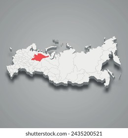 Komi region highlighted in red on a grey Russia 3d map