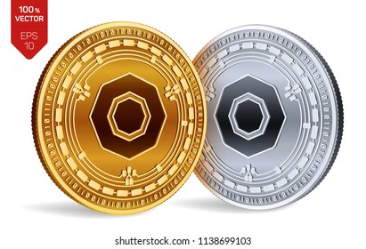 Komodo. Accepted sign emblem. Crypto currency. Golden and silver coins with Komodo symbol isolated on white background. 3D isometric Physical coins with text Accepted Here. Vector illustration.