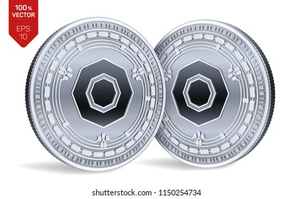 Komodo. Accepted sign emblem. Crypto currency. Silver coins with Komodo symbol isolated on white background. 3D isometric Physical coins with text Accepted Here. Vector illustration.