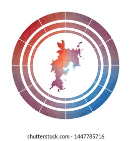 Komodo badge. Bright gradient logo of island in low poly style. Multicolored Komodo rounded sign with map in geometric style for your infographics.