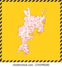 Komodo closed - virus danger sign. Lockdown island icon. Black striped border around map with virus spread concept. Vector illustration.
