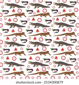 Komodo, crocodile with fruit as a pattern background