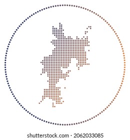 Komodo digital badge. Dotted style map of Komodo in circle. Tech icon of the island with gradiented dots. Charming vector illustration.