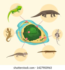 Komodo dragon, American Sand lizard, exotic reptiles monitor on exotic island. Wild animals lacertian in nature. Vector illustration for book, save nature poster or pet store, zoo.