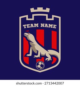 Komodo dragon with ball in shield logo for football team